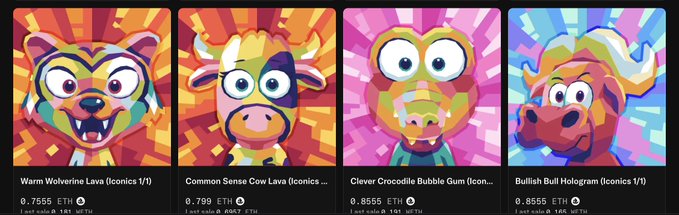 Four Iconics 1/1 VeeFriends NFTs displayed with their prices and token metrics: "Warm Wolverine Lava" and "Bullish Bull Hologram" at 0.7555 ETH, "Common Sense Cow Lava" at 0.799 ETH, and "Clever Crocodile Bubble Gum" at 0.8555 ETH. The image showcases rare 1/1 PFP collectibles from the VeeFriends collection being promoted on OpenSea as well-priced alternatives to Series 1.