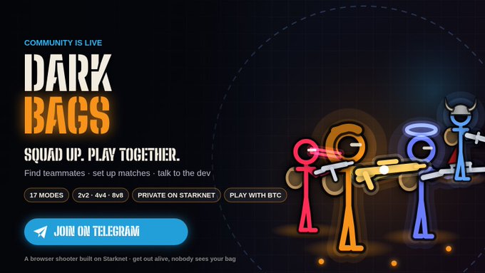 Promotional graphic for 'Dark Bags,' a community shooter game on Starknet, featuring stick figures with weapons and text: 'SQUAD UP. PLAY TOGETHER,' '17 MODES,' '2v2 • 4v4 • 8v8,' 'PRIVATE ON STARKNET,' 'PLAY WITH BTC,' and a 'JOIN ON TELEGRAM' button.