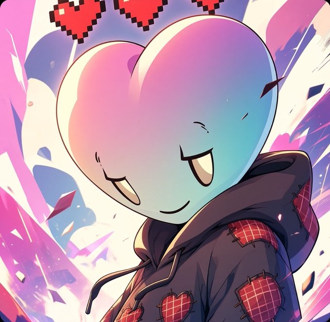 An anime-style illustration of a character with a large pastel heart-shaped head, smiling with closed eyes, wearing a dark hoodie with red heart patches, set against a pink and purple background with pixel hearts.