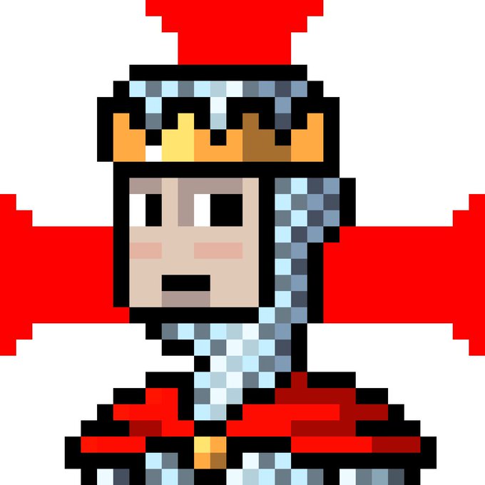 A pixel art illustration of a soldier with a red plume helmet and red cross on a white background.