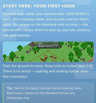 An informational graphic titled "START HERE: YOUR FIRST HOUR" explains how to begin playing PlayKintara, a browser-based MMO built on Solana, including connecting a wallet with at least 1,000 $SKINS and selecting a server, accompanied by a screenshot of the game's tutorial NPC showing available tools (axe, pickaxe, rod, hammer) for harvesting resources.