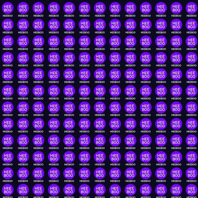 A repeating purple and dark blue pattern displays 'HEEBOO' inside purple circles with the word repeated below each, arranged in a grid.