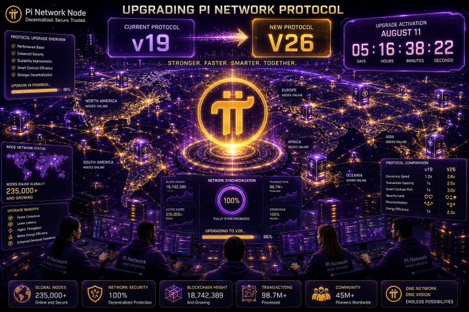 A futuristic digital dashboard titled 'UPGRADING PI NETWORK PROTOCOL' showing a transition from 'CURRENT PROTOCOL v19' to 'NEW PROTOCOL v26' with a countdown timer for 'AUGUST 11' and various network statistics.