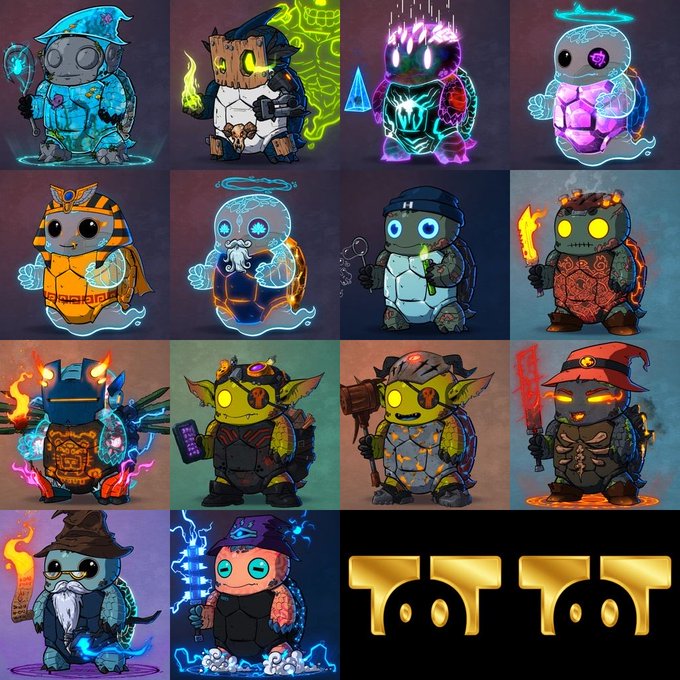A grid displaying 14 different stylized turtle character avatars with various fantasy-themed costumes and elemental powers (fire, ice, lightning), alongside the golden "TOT TOT" logo.