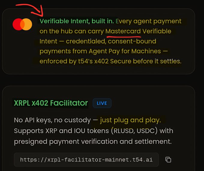 This image showcases Mastercard's "Verifiable Intent" on the XRPL x402 Facilitator, enabling credentialed and consent-bound payments through a secure risk layer. The "XRPL x402 Facilitator" supports XRP and IOU tokens with presigned payment verification and settlement.