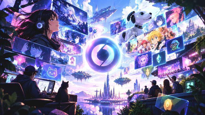 An anime-style illustration depicts a futuristic digital cityscape with floating screens displaying various characters and art, centered around a glowing blue eye-like logo, while a figure with headphones and a cat look on from the left.