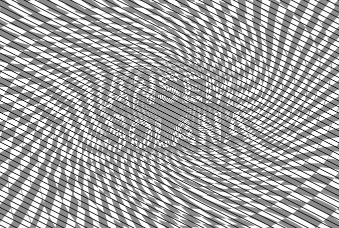 A mesmerizing optical illusion featuring swirling, intersecting black-and-white lines that create a hypnotic vortex effect, with no visible text or numbers.