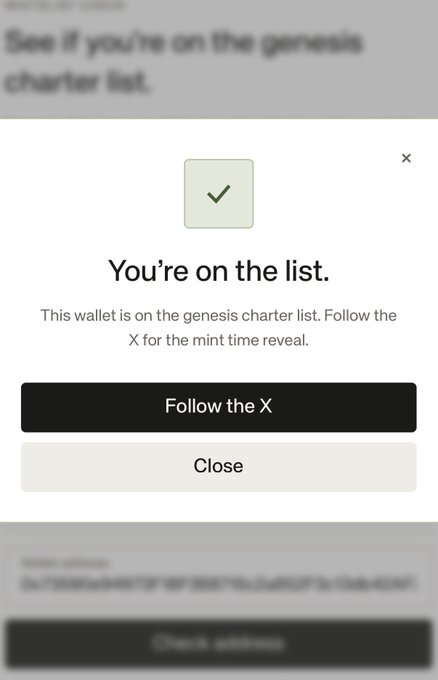 A pop-up confirmation message states "You're on the list" with the text "This wallet is on the genesis charter list. Follow the X for the mint time reveal," indicating the poster has confirmed their crypto wallet's eligibility for a new token launch. The image relates to the post by serving as visual proof that the wallet tied to the poster's recommendation has been successfully added to the project's whitelist.