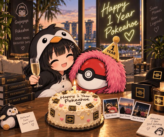 An anime-style illustration celebrating 'Happy 1 Year Pokeahoe,' showing a character in a penguin hoodie toasting with champagne beside a birthday cake and a large pink Pokéball.