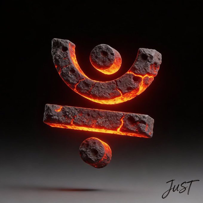 A 3D-rendered cryptocurrency logo for JUST, designed to look like cracked stone with glowing lava/magma underneath, set against a dark background.