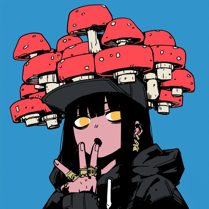 An anime-style illustration of a black-haired figure with a bow covering her mouth, wearing a black cap topped with a cluster of red mushrooms, set against a blue background.