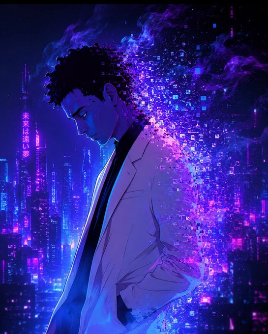 A cyberpunk-style illustration of a young man in a white jacket standing in profile against a neon blue and purple cityscape, with pixelated digital particles and smoke effects emanating from his head.