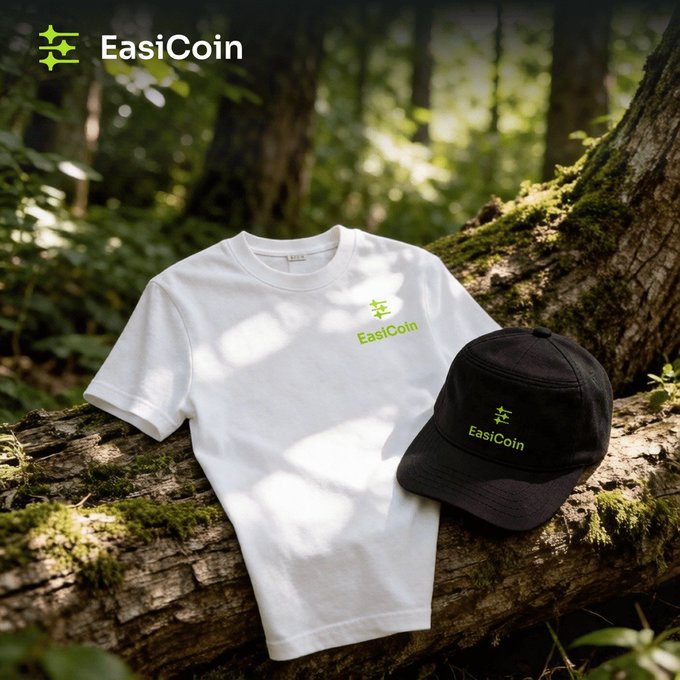 The image features two items, a white t-shirt with green text that says "EasiCoin" and a black baseball cap with the same green text. The caption of the image suggests that there's a lucky draw going on where people can win these items if they participate in it.