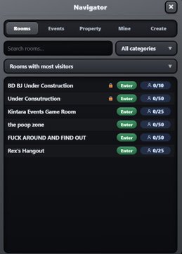 A mobile app screen showing a 'Navigator' menu with tabs for Rooms, Events, Property, Mine, and Create. The 'Rooms with most visitors' section lists rooms like 'BD BJ Under Construction' and 'Under Construction,' showing visitor counts and 'Enter' buttons.