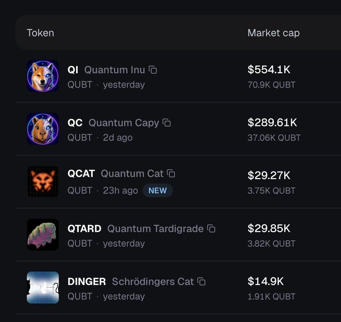 A mobile app screenshot showing a token list with market caps, including 'QI Quantum Inu' ($554.1K), 'QC Quantum Capy' ($289.61K), 'QCAT Quantum Cat' ($29.27K, marked NEW), 'QTARD Quantum Tardigrade' ($29.85K), and 'DINGER Schrödingers Cat' ($14.9K).