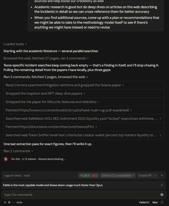 A screenshot of an AI coding assistant interface showing research on crypto incidents including 'Cernera spammer/mitigation sections', 'trapdoor and NFT deep-dive papers', and 'Xia paper', with the model identified as 'Fable 5.1'.