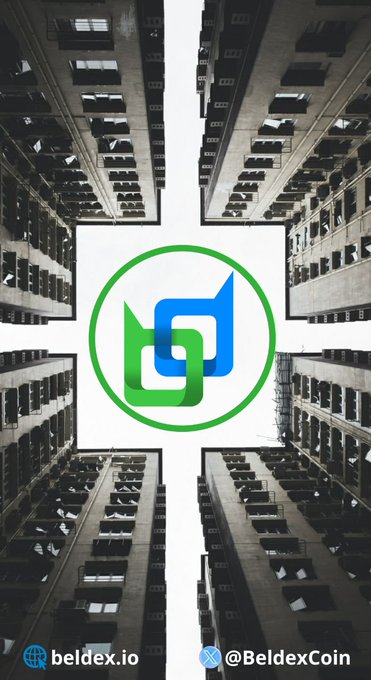 The image features a dramatic upward view of densely packed apartment buildings with the BeldexCoin logo (interlocking green and blue "b" letters) centered in the middle, visually symbolizing mass surveillance of the masses. The bottom of the image displays "beldex.io" and "@BeldexCoin" as the project's website and social handle, reinforcing the post's message about privacy as a baseline rather than an optional feature.