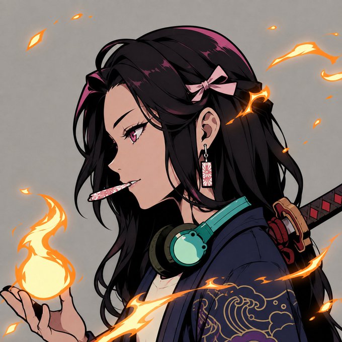 Anime-style illustration of a dark-haired woman with pink ribbons, wearing headphones and holding a flame while a patterned item rests on her lip.
