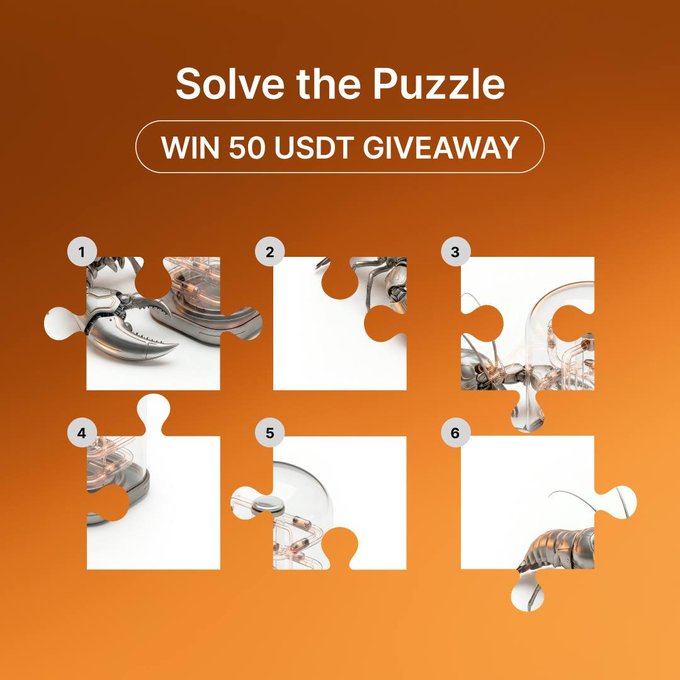 A promotional puzzle titled 'Solve the Puzzle - WIN 50 USDT GIVEAWAY' featuring six numbered puzzle pieces on an orange background, with pieces showing parts of an astronaut/spacecraft illustration.