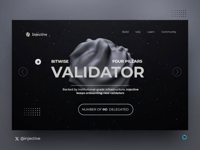 Screenshot of the Injective website homepage featuring a 'VALIDATOR' section with navigation menu (Build, Use, Learn, Community) and tagline 'Backed by institutional-grade infrastructure, Injective keeps onboarding new validators.'