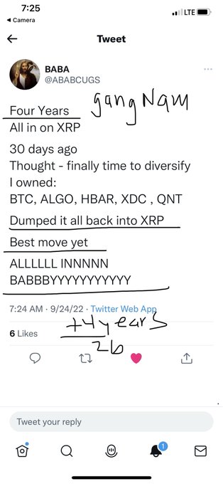 A screenshot of a tweet by BABA (@ABABCUGS) stating "All in on XRP" with handwritten annotations reading "Gangnam" and "+14 year 2-6," posted on 9/24/22.