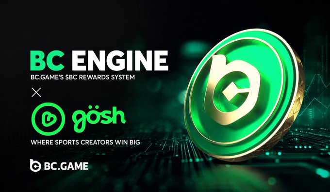 The image features a green coin with gold edges that says "BC Engine" on it. Below this coin, there are two logos - one for Gosh and another for @Gosh_Live. The text above these logos reads "Where sports creators win big". The background of the image is black, but there's a green element in the top left corner which appears to be a logo or design related to BC Engine.