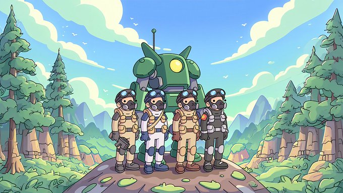 A colorful digital illustration of four characters in hazmat suits and gas masks standing in a lush, stylized forest landscape with mountains and pine trees, with a large green mech-like robot behind them.
