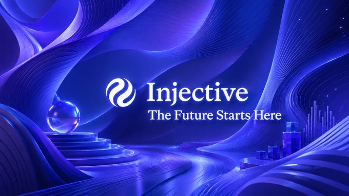 A promotional graphic for 'Injective' cryptocurrency with the tagline 'The Future Starts Here', featuring a futuristic purple and blue 3D landscape with curved architectural elements and a glowing orb.