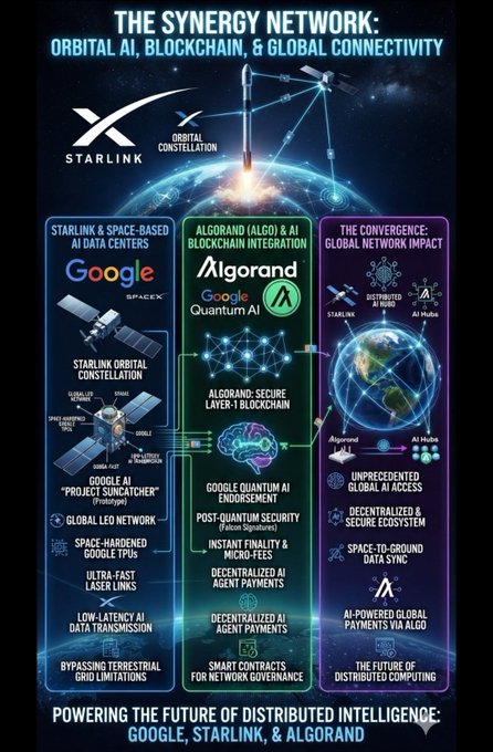 An infographic titled 'THE SYNERGY NETWORK: ORBITAL AI, BLOCKCHAIN, & GLOBAL CONNECTIVITY' detailing connections between Starlink, Google, and Algorand.