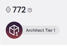 A digital badge showing a tier level of 772 and 'Architect Tier 1' next to a cube icon.