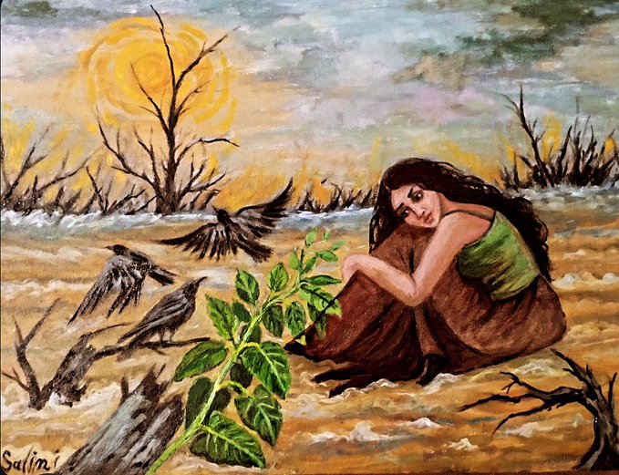 The image features a woman sitting on the ground with her legs crossed, looking sad or contemplative as she gazes at something off-camera. There are two birds nearby, one closer to the foreground and another further away, possibly flying by or resting in the scene. The painting is done in an impressionistic style, which gives it a dreamy and atmospheric quality.