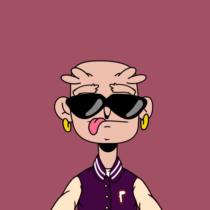 A cartoon avatar of a bald character wearing oversized black sunglasses, gold hoop earrings, a purple letterman jacket with a "P" patch, and sticking their tongue out, set against a maroon background.