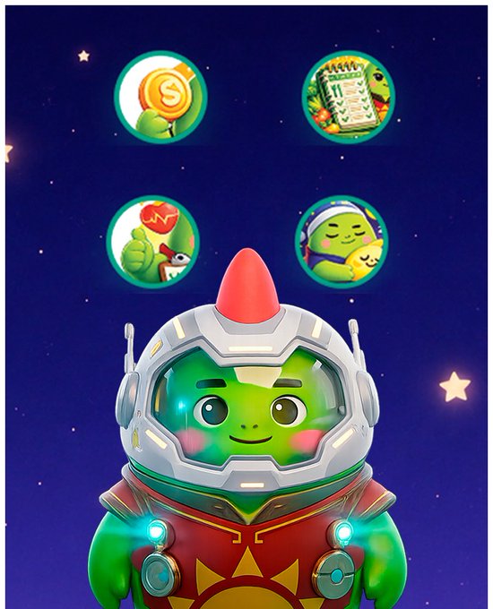 A cartoon green turtle character wearing a silver astronaut helmet and red armor, with four circular icons displayed against a starry night sky background.