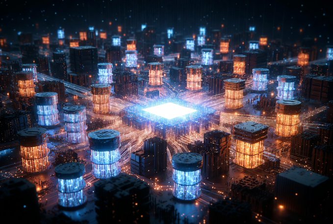 A futuristic 3D-rendered cityscape of illuminated cylindrical towers glows in blue and orange hues, with a bright central light source radiating outward across the sci-fi landscape.