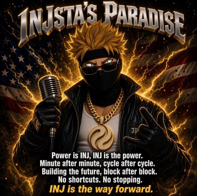 A bold graphic titled "INJSTA'S PARADISE" featuring an anime-style character with spiky blonde hair, sunglasses, and a black mask holding a vintage microphone, surrounded by lightning and an American flag, with text reading "Power is INJ, INJ is the power. Minute after minute, cycle after cycle. Building the future, block after block. No shortcuts. No stopping. INJ is the way forward."