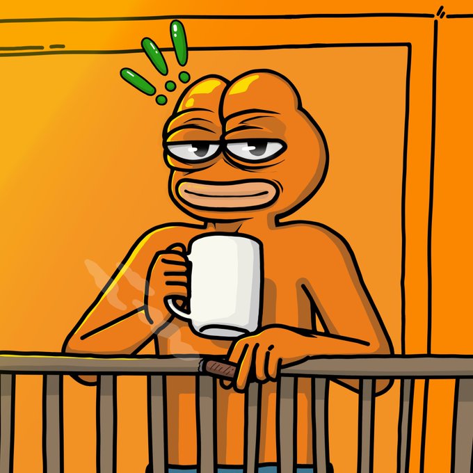 An orange, cartoonish figure with a frog-like face leans against a railing, holding a white mug with a bored or deadpan expression. A loading icon graphic is near its head.