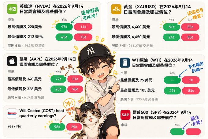 A Chinese-language financial infographic showing daily price predictions for various assets including 英偉達 (NVDA), 黃金 (XAUUSD), 蘋果 (AAPL), WTI原油 (WTI), Costco (COST), and 標普500 (SPY) for September 14, 2026, decorated with a cartoon boy in a NY Yankees cap and a cat.