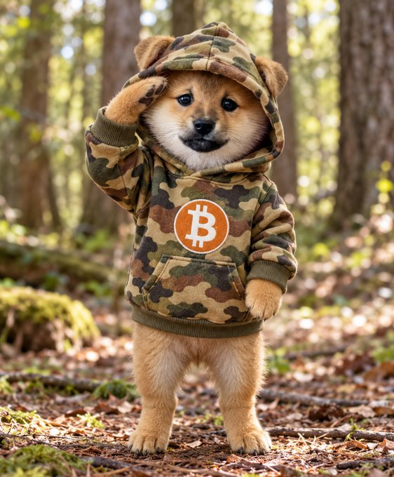An AI-generated image of a Shiba Inu dog standing upright in a forest, wearing a camouflage hoodie with an orange Bitcoin logo on the front.