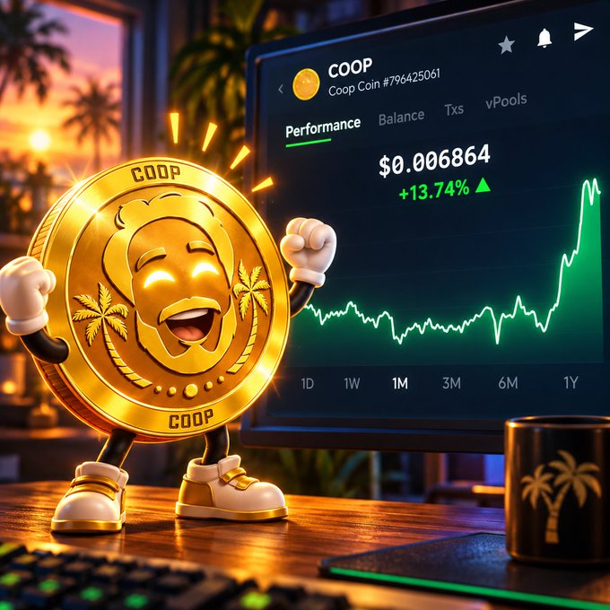A 3D illustration of a cheerful golden coin character wearing sneakers labeled 'COOP', standing next to a computer screen displaying a cryptocurrency chart with a value of $0.006864 and a +13.74% increase.