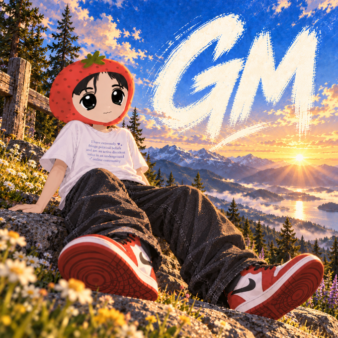An illustrated character with a strawberry hat sitting on a rocky ledge overlooking a mountain landscape at sunset, with 'GM' written in large white letters.