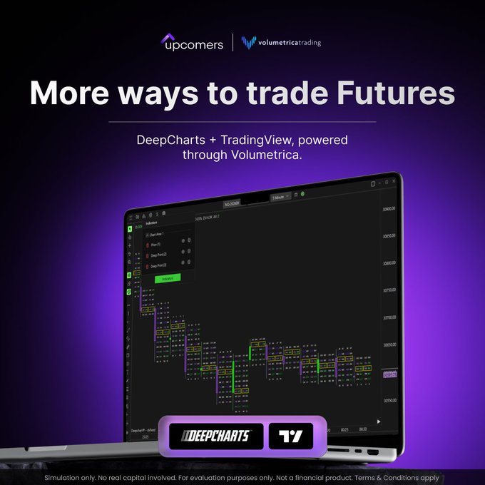 Promotional advertisement for 'upcomers' and 'volumetricatrading' featuring the headline 'More ways to trade Futures' and showcasing DeepCharts and TradingView integration on a laptop display.