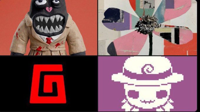 A collage of four images displays a menacing cartoon figure in a trench coat, a colorful floral collage artwork, a red "G" logo on black, and a pixelated character in a purple hat, representing the NFT collections @just_t00ns, @Frag_Growth, @TheGodPull, and @hollows_nft along with their predicted floor prices in Ethereum.