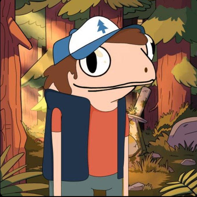 An animated cartoon character wearing a blue and white cap with a tree symbol and an orange shirt with a navy vest, standing in a forest setting.