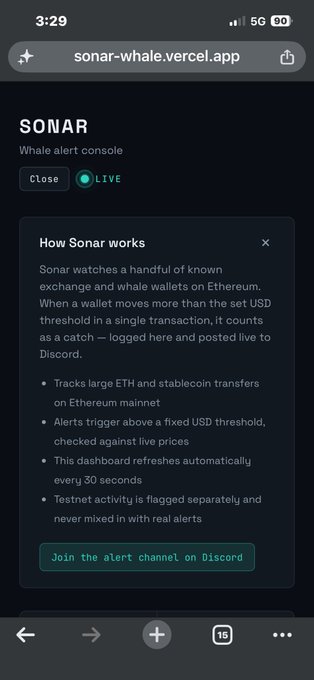 A mobile screenshot of the "SONAR Whale alert console" dashboard at sonar-whale.vercel.app, displaying a "How Sonar works" info panel with a green LIVE indicator and a "Join the alert channel on Discord" button, introducing the bot's mainnet whale tracking features.