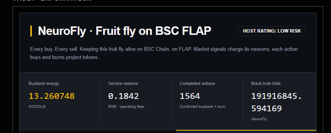 A dashboard showing 'NeuroFly · Fruit fly on BSC FLAP' with HOST RATING: LOW RISK, displaying Buyback energy 13.260748 GODLGB, Service reserve 0.1842 BNB, Completed actions 1564, and Black-hole total 191916845.594169 NeuroFly.