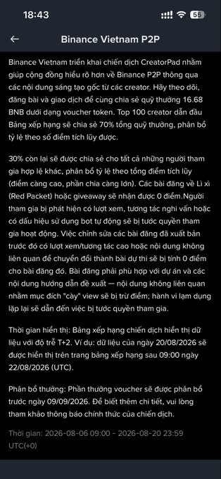 A Vietnamese-language mobile announcement titled 'Binance Vietnam P2P' dated 18:43, detailing a voucher distribution event for the Top 100 Creators.