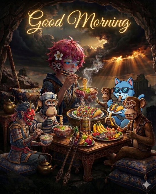 The image features a group of people sitting around a table with various food items, including bowls filled with different dishes such as bananas, apples, and carrots. The scene appears to be set in an art gallery or museum, where the focus is on the artwork displayed rather than the food being served. The post encourages long-term participation by rewarding meaningful contributions that help strengthen ecosystem growth and engagement.