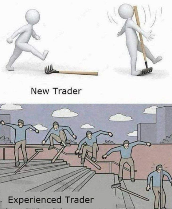 A two-panel meme comparing traders: the top 'New Trader' panel shows a 3D figure tripping over a rake, while the bottom 'Experienced Trader' panel shows a cartoon character skillfully riding a rake down stairs like a skateboard.