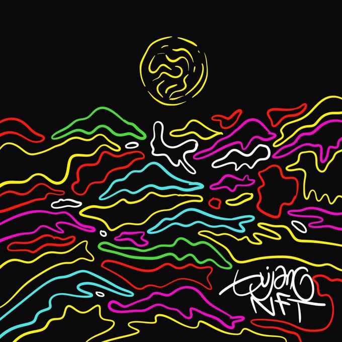 A neon-colored digital artwork of stylized waves beneath a yellow swirling sun on a black background, signed 'Trovão NFT'.