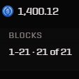 A dark-themed blockchain explorer interface displaying block height 1,400.12 with blocks 1-21 of 21 visible.